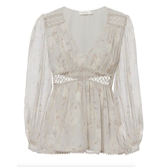 ZIMMERMANN Iris Floral Silk Blouse Pastel Blush Taupe Neutral Sz 1 / S {HH15} - Picture 3 of 11